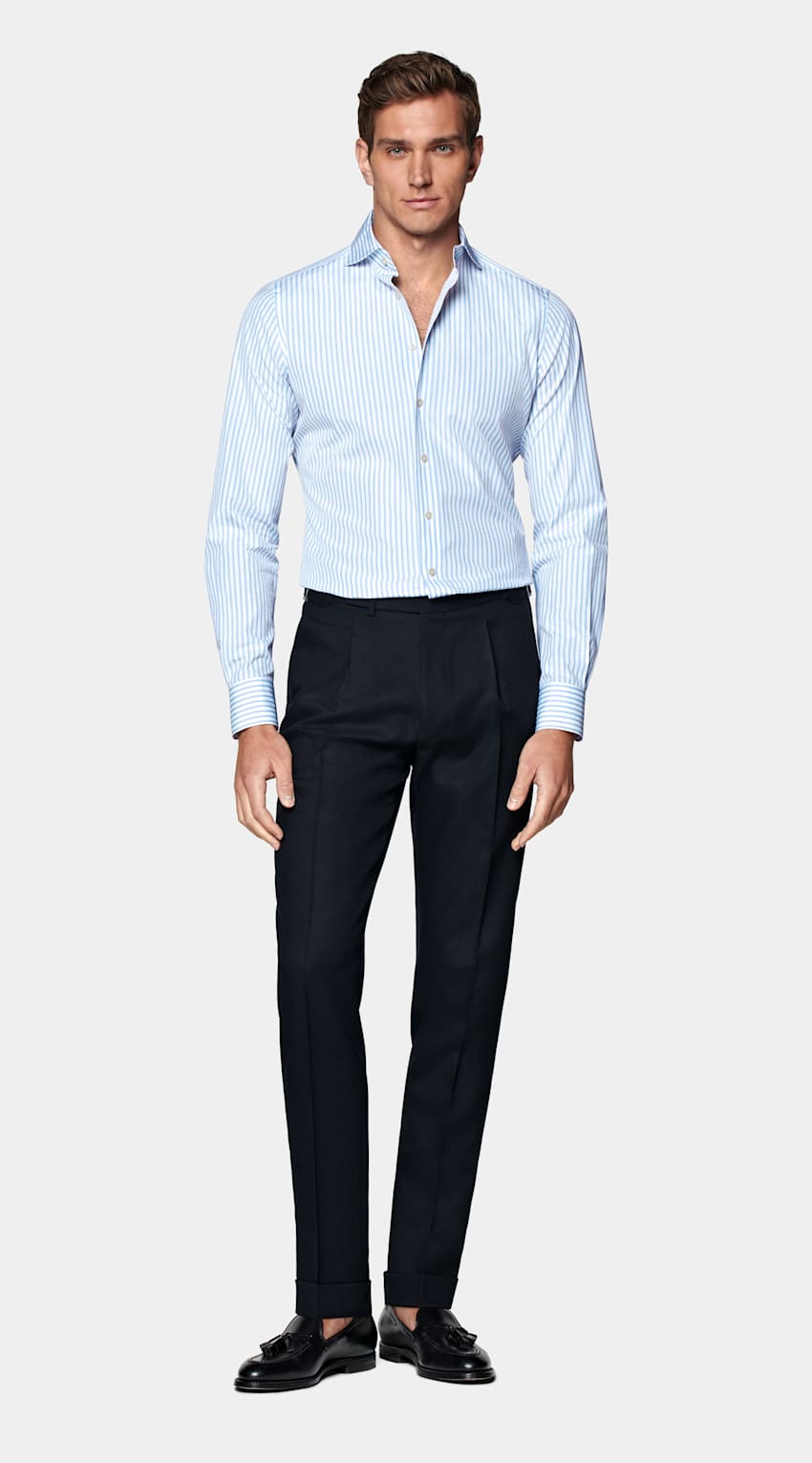 Blue Striped Poplin Slim Fit Shirt