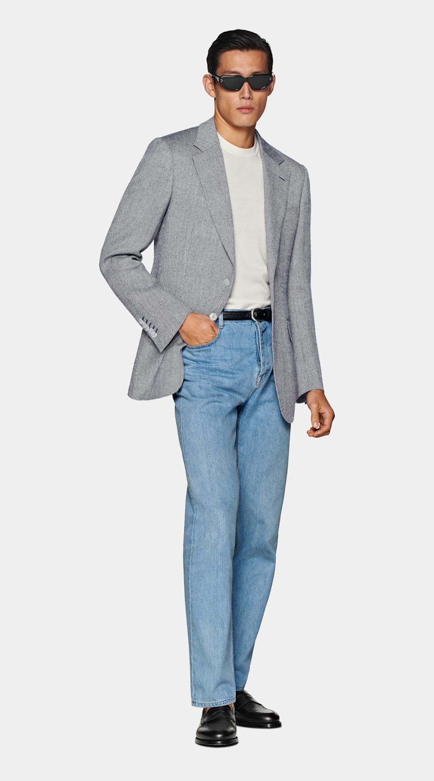 Navy Herringbone Tailored Fit Milano Blazer