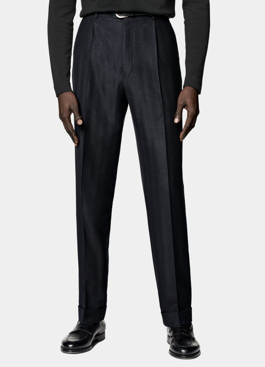 Navy Herringbone Tailored Fit Havana Suit