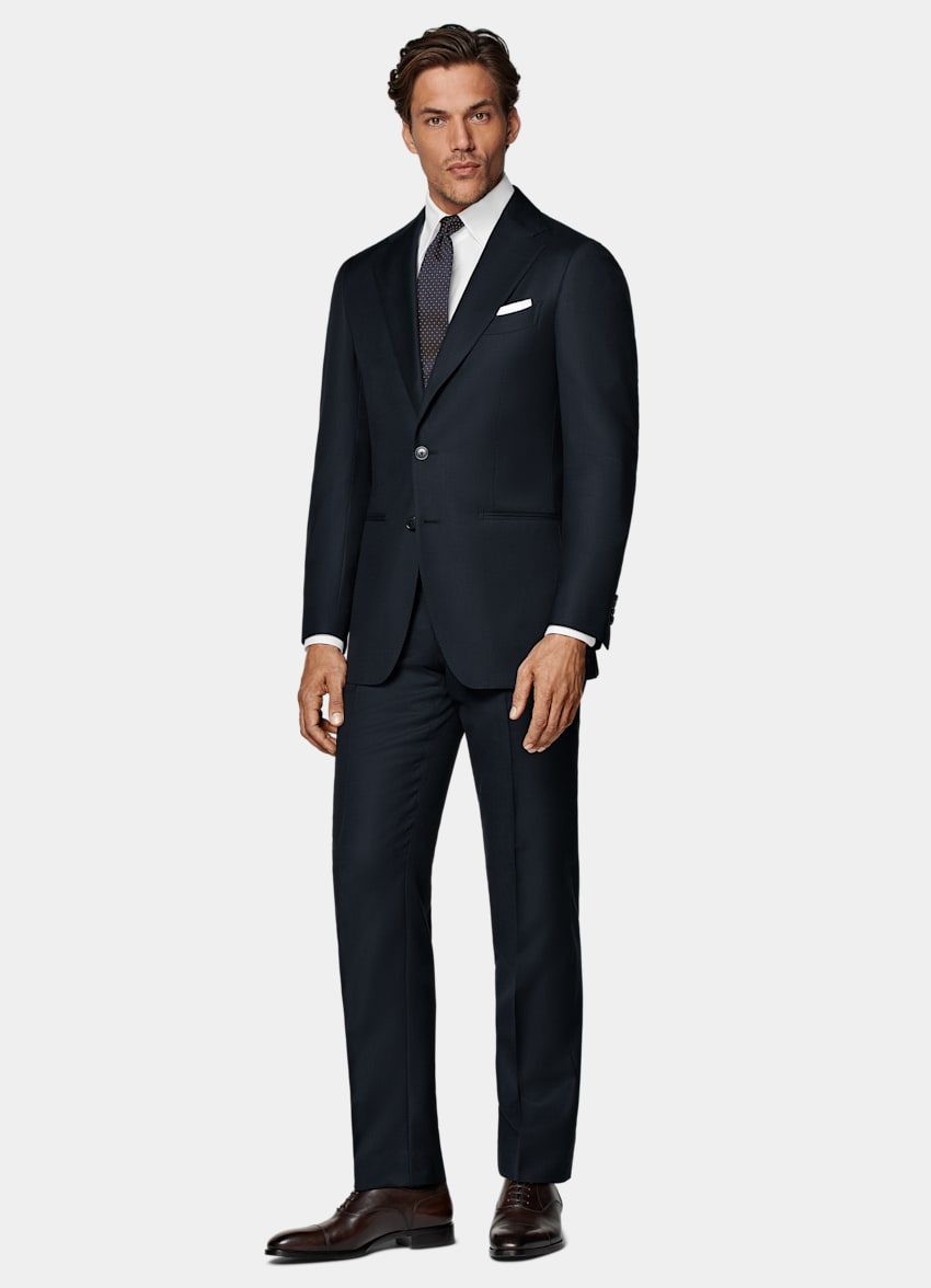 Navy Bird's Eye Slim Leg Straight Suit Pants