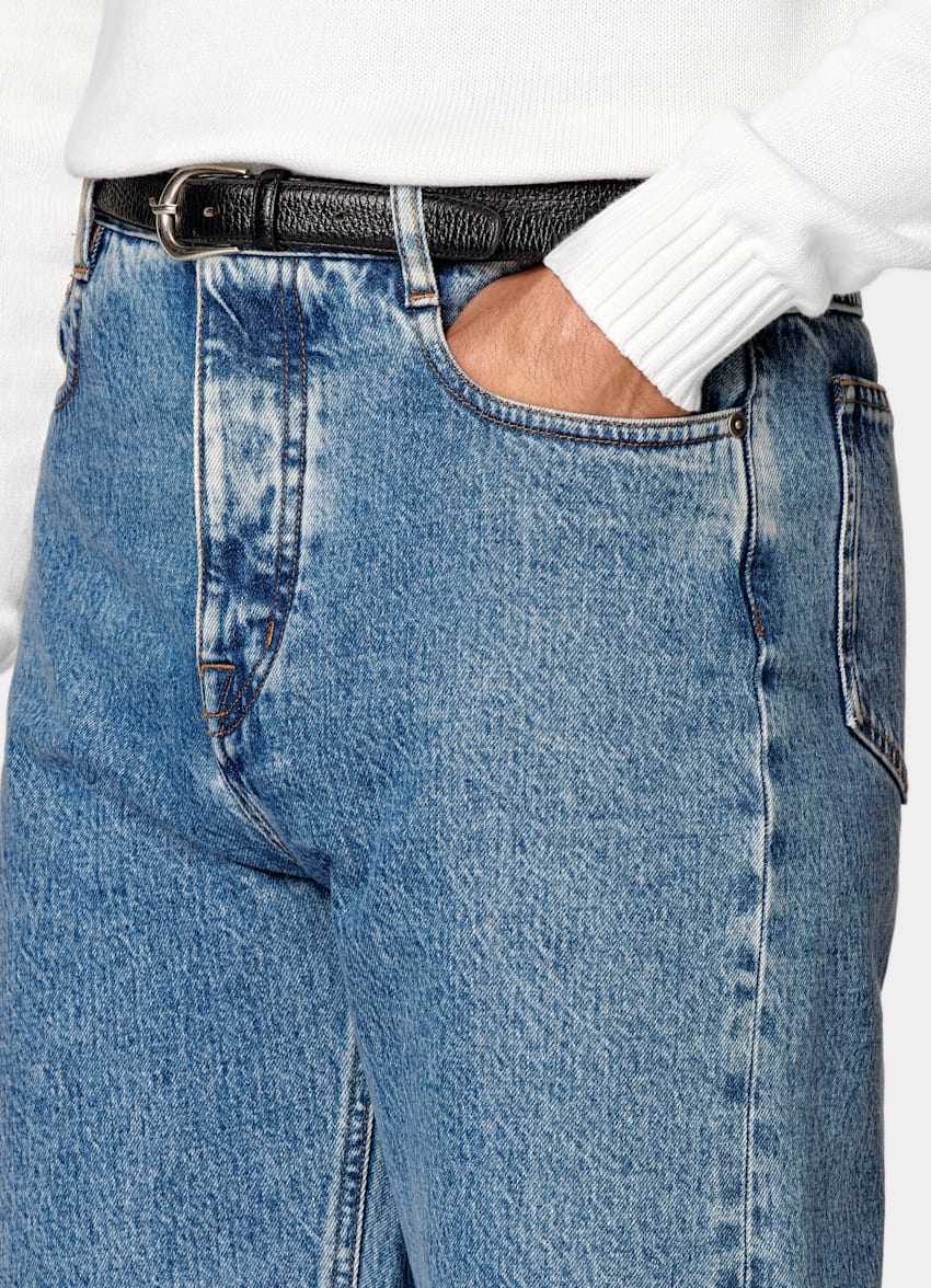 Mid Blue Washed Straight Leg Jeans