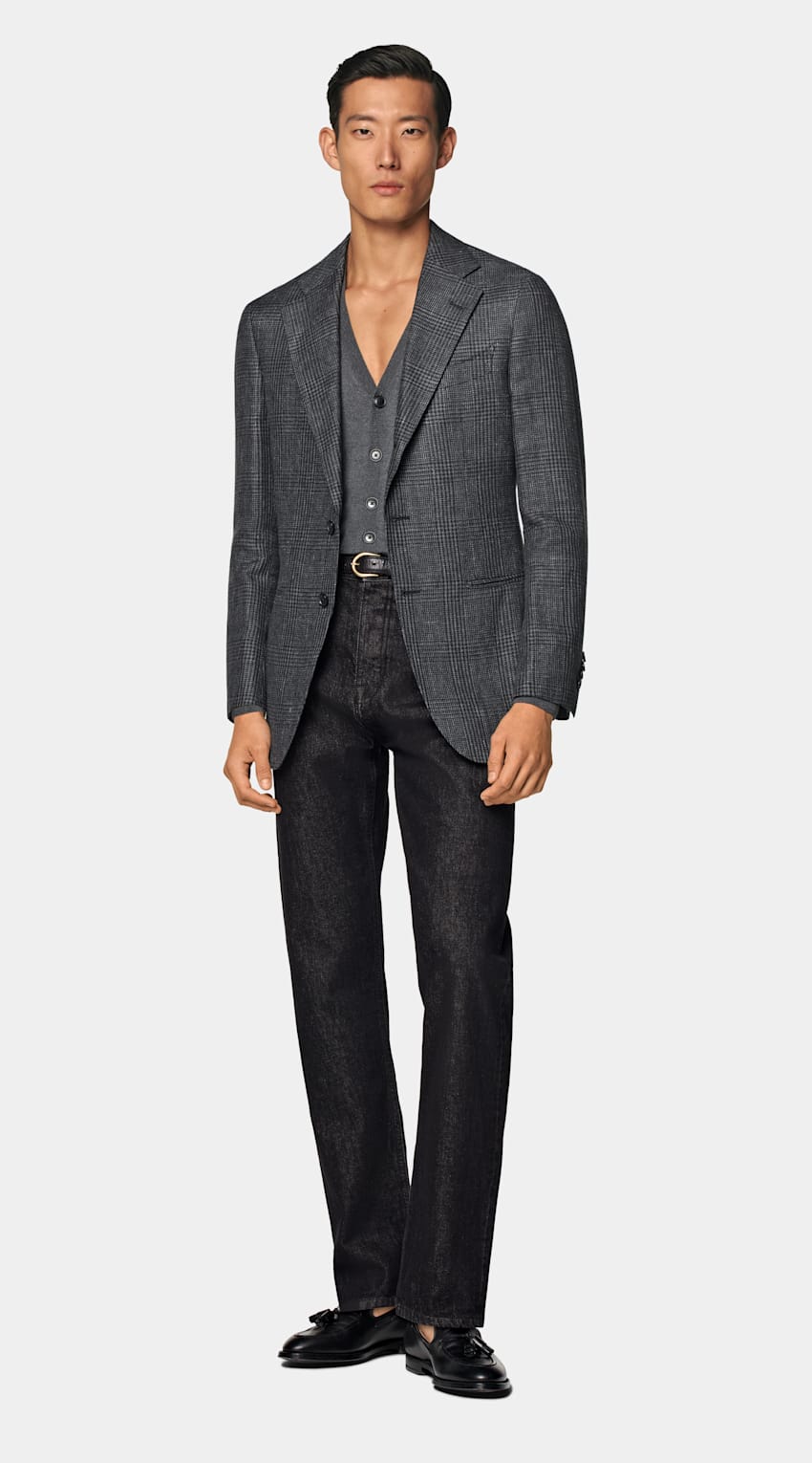 Dark Grey Checked Tailored Fit Havana Blazer