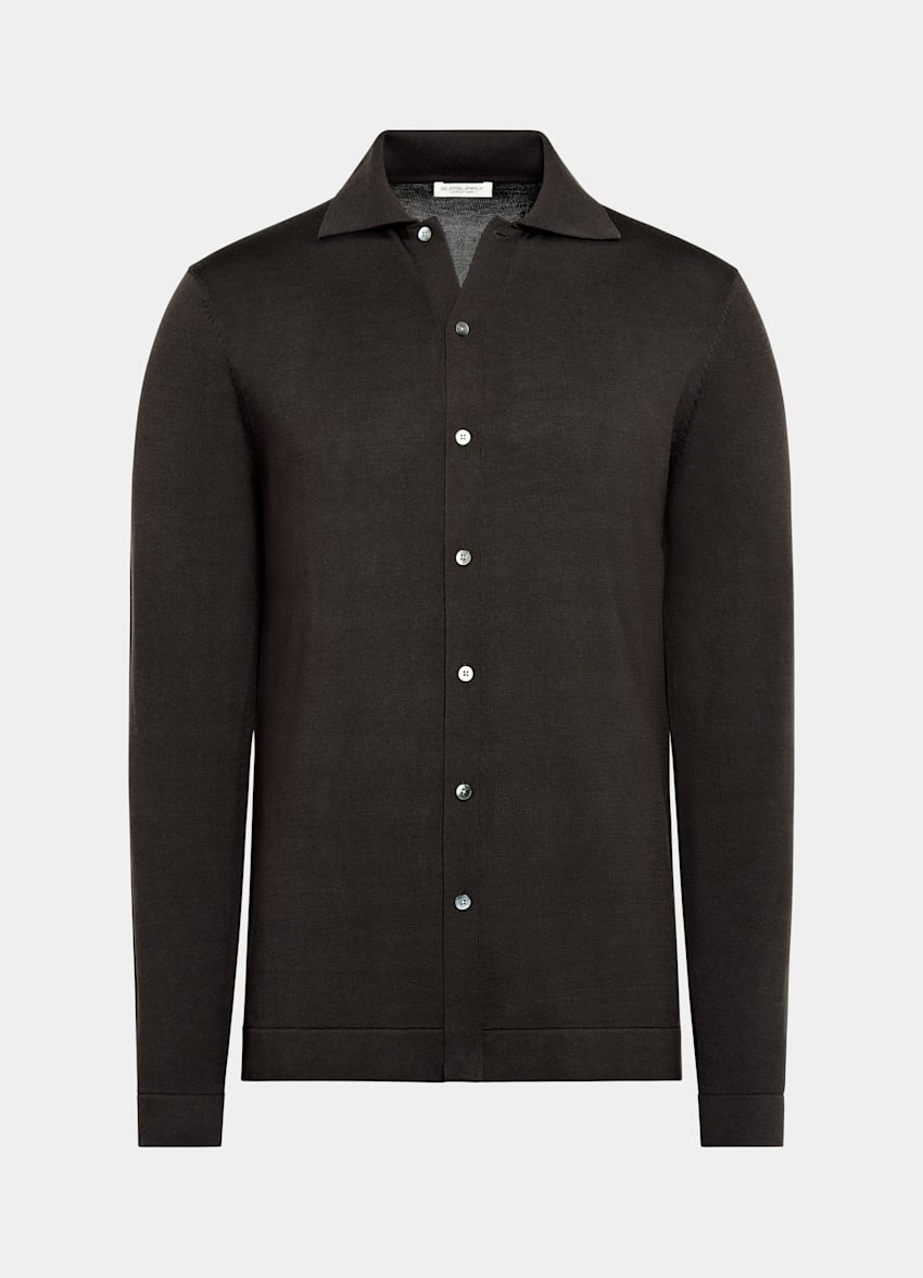 Dark Brown Long Sleeve Polo Cardigan