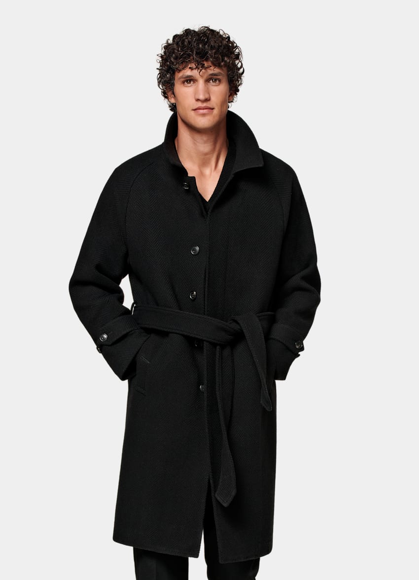 Black Herringbone Belted Overcoat