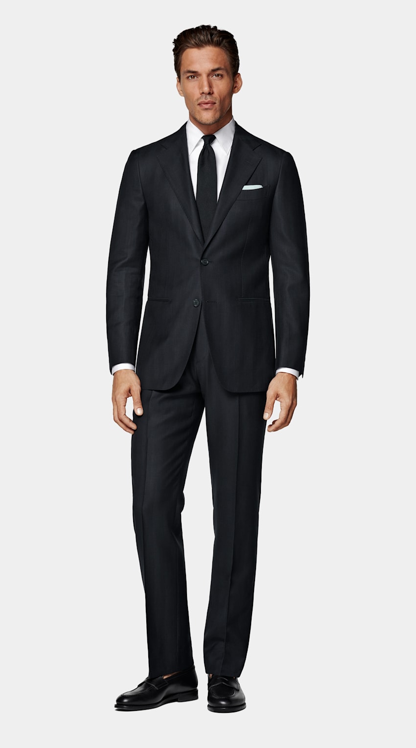 Navy Herringbone Tailored Fit Havana Suit