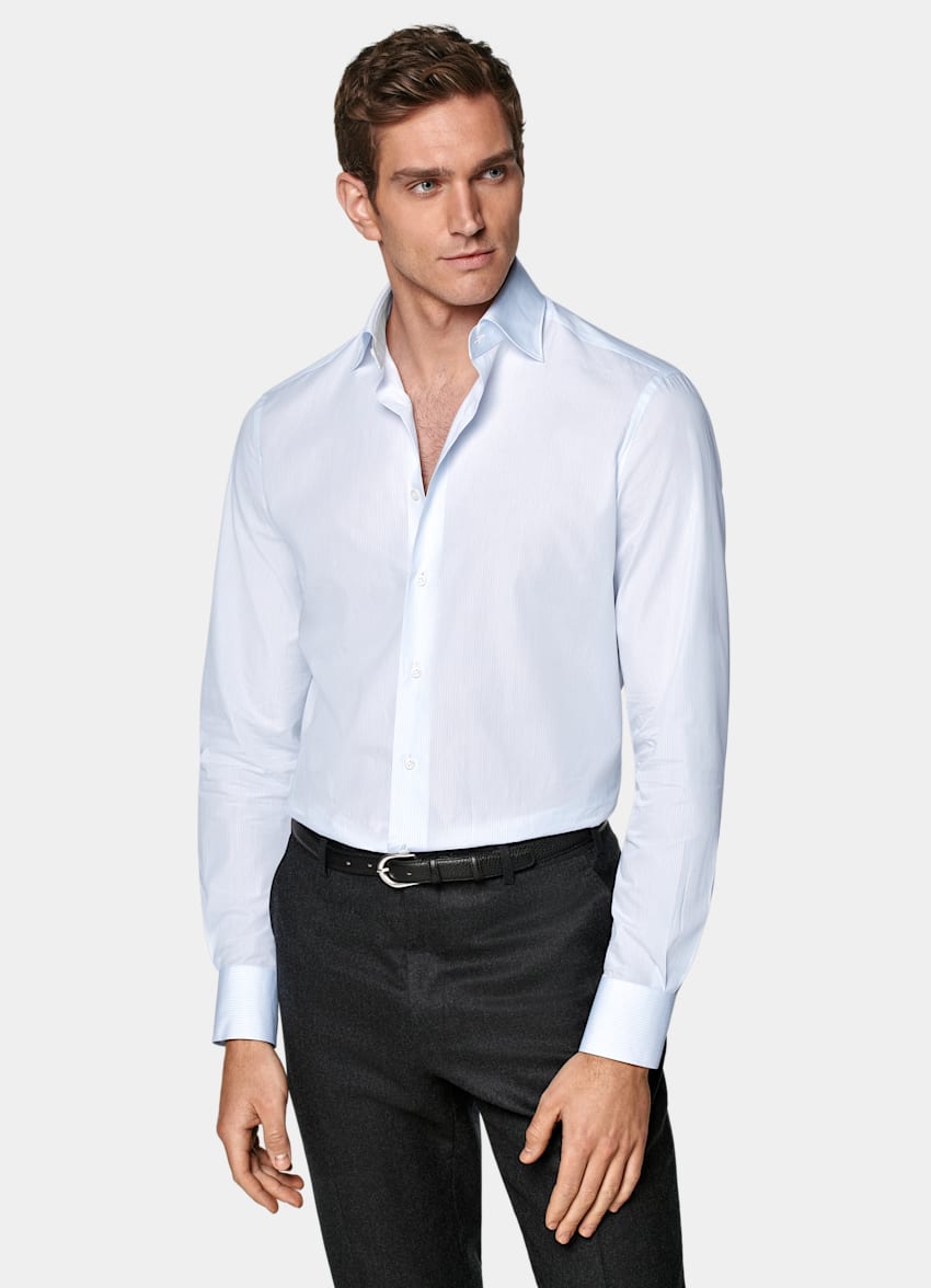 Light Blue Striped Poplin Tailored Fit Shirt