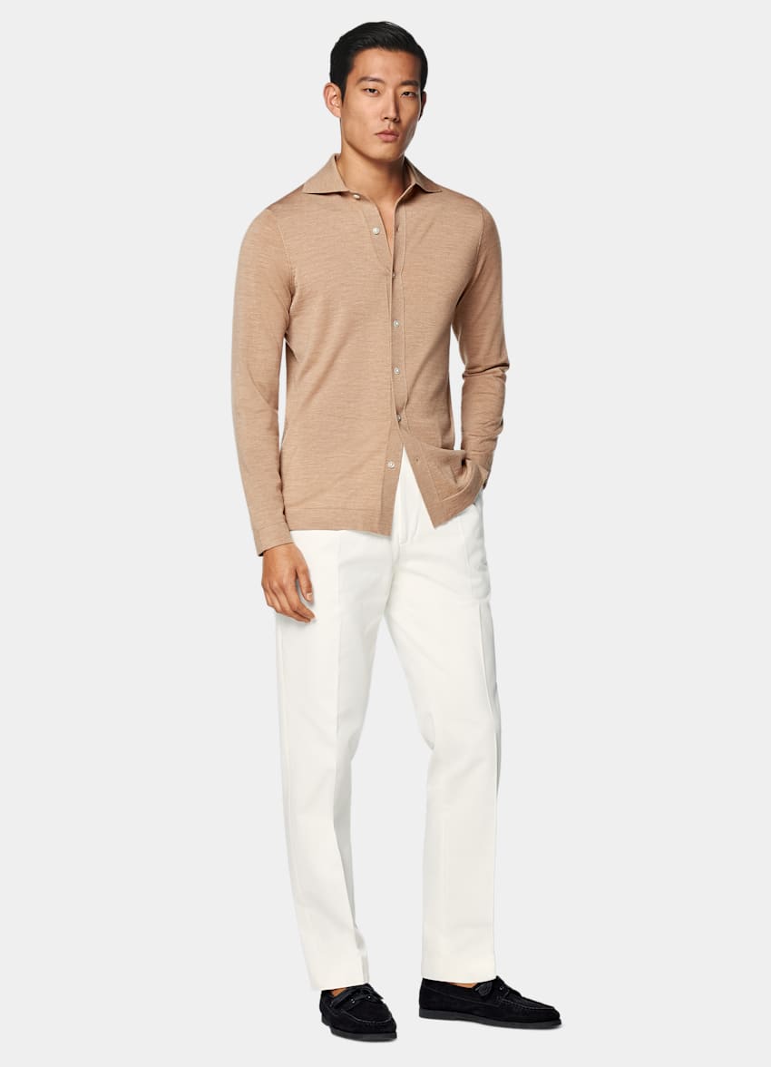 Mid Brown Merino Long Sleeve Polo Cardigan