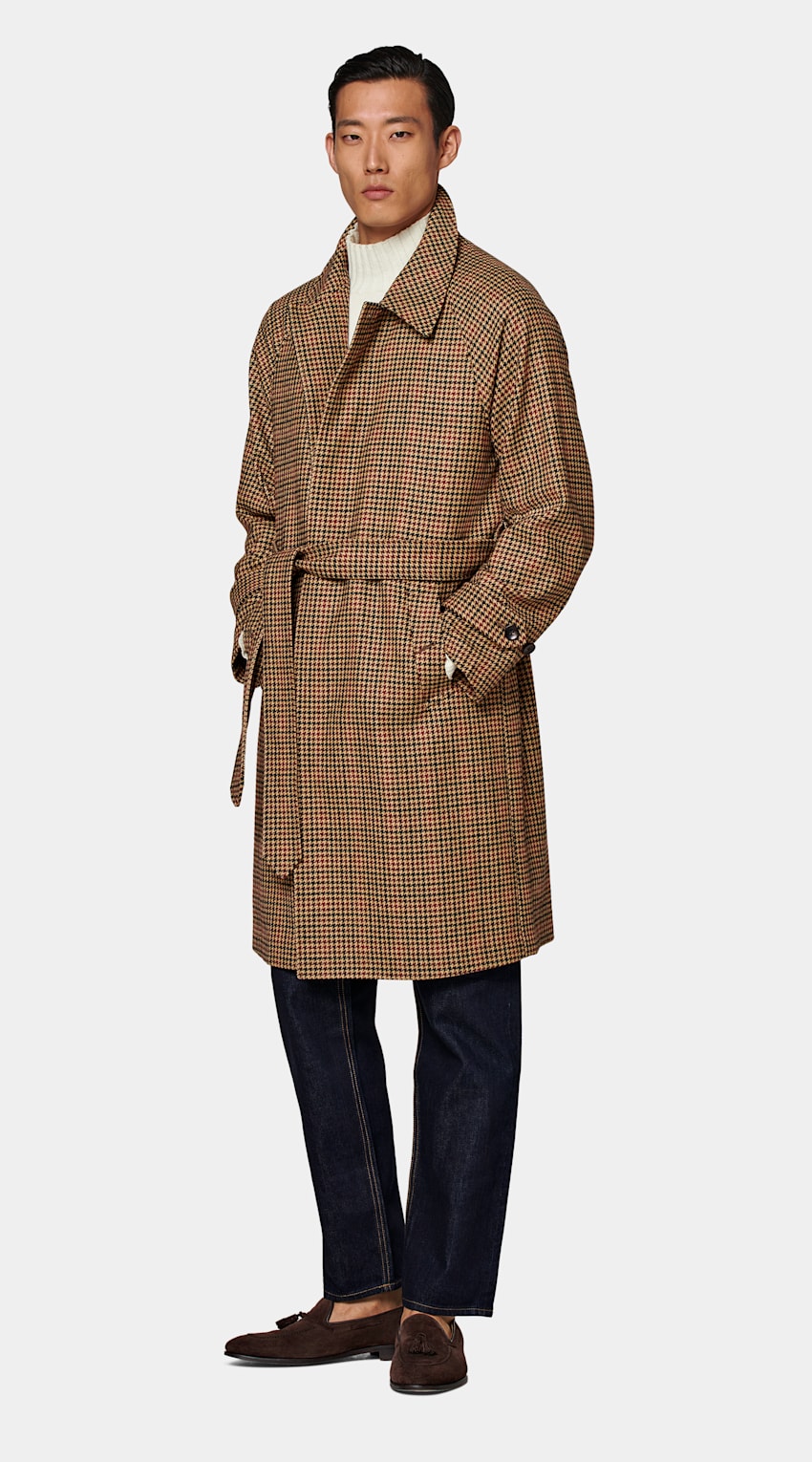 Brown & Red Checked Belted Overcoat