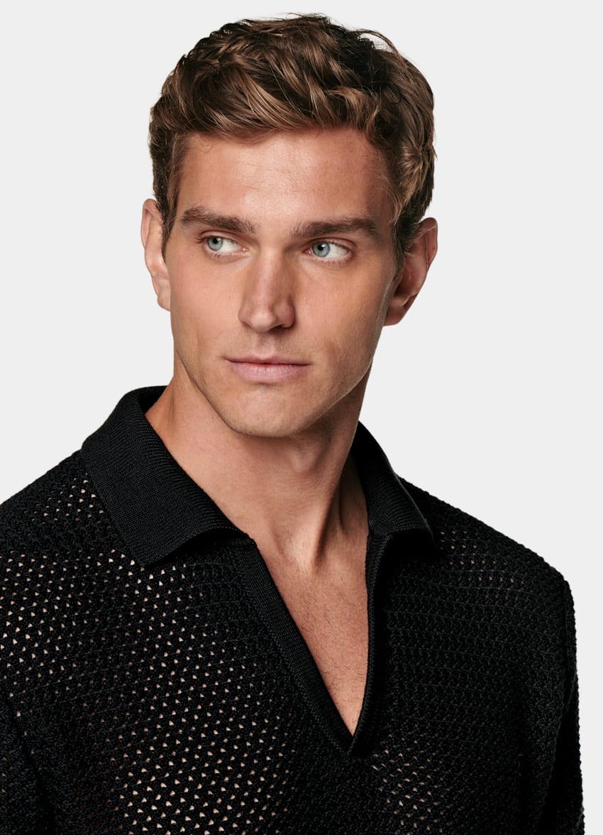 Black Crochet Buttonless Polo