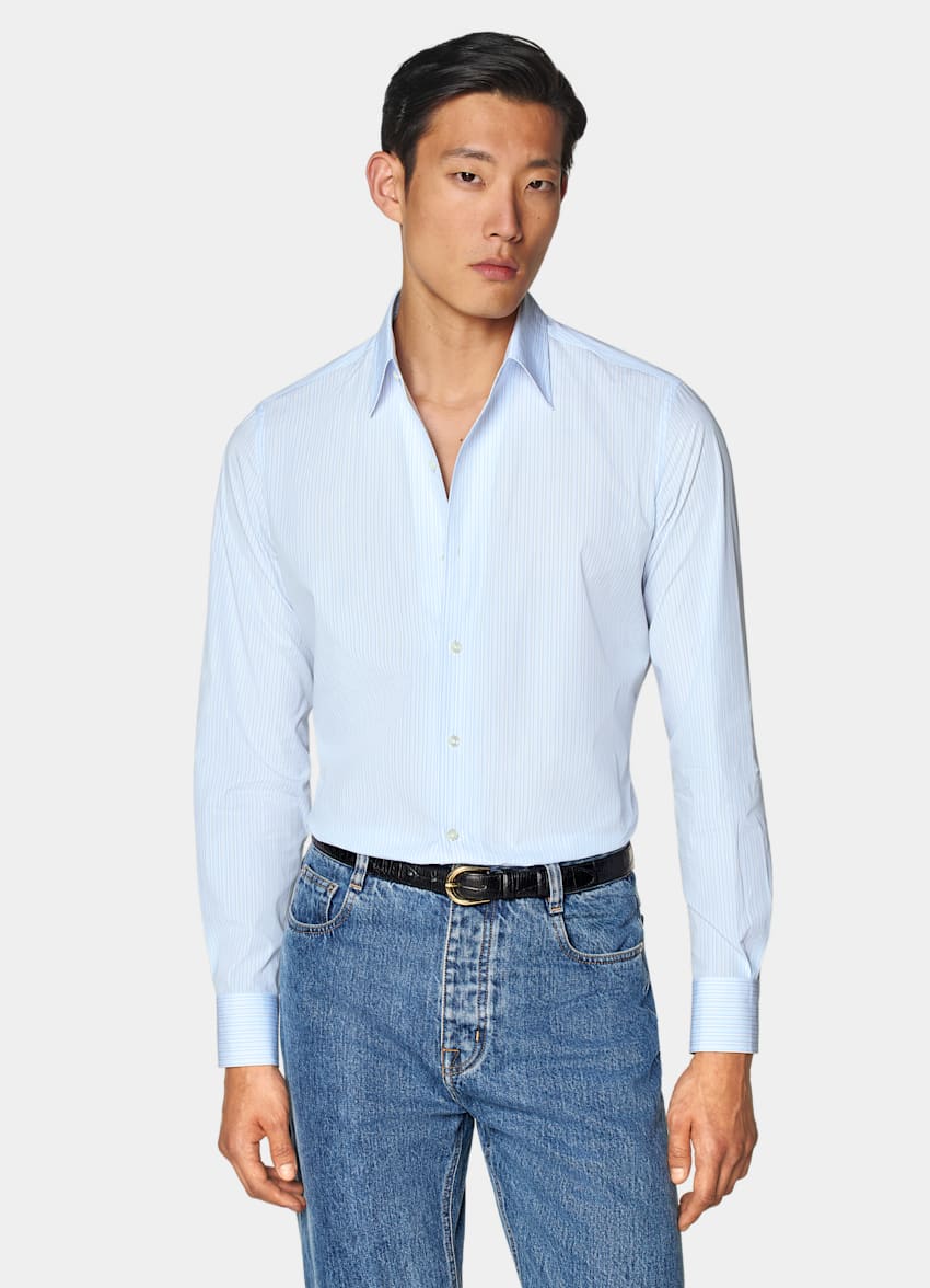 Light Blue Striped Classic Collar One Piece Tailored Fit Shirt