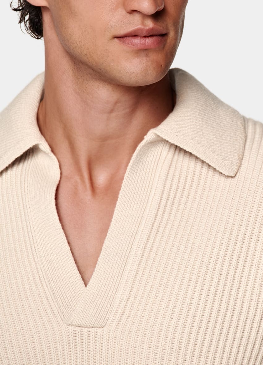 Sand Ribbed Long Sleeve Buttonless Polo