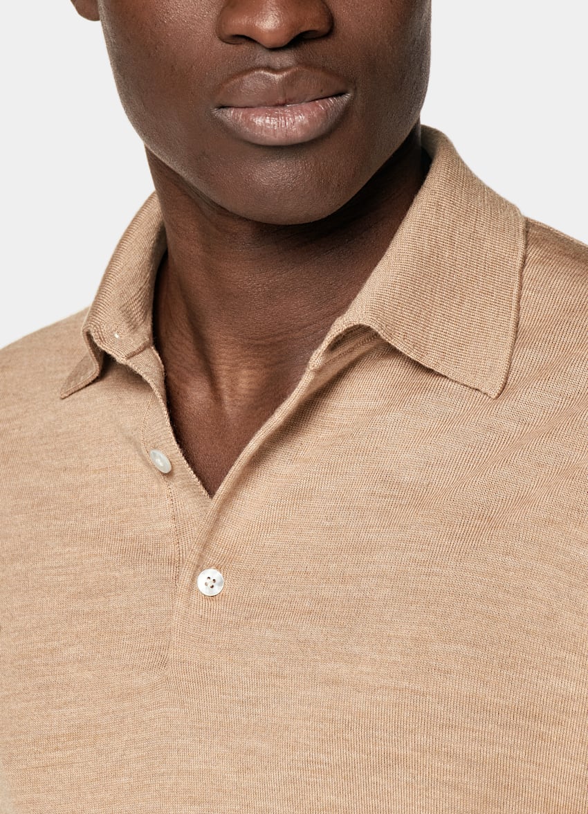 Mid Brown Merino Long Sleeve Polo
