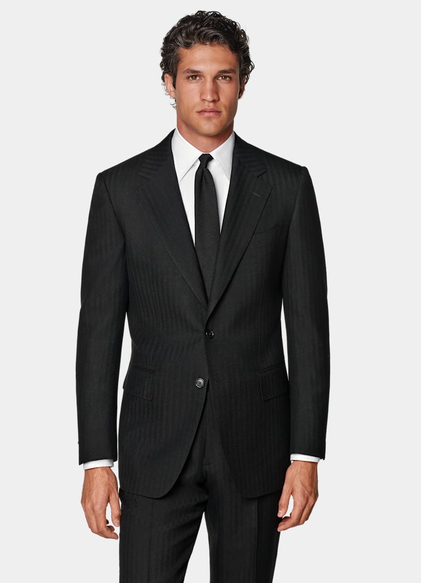 Black Herringbone Tailored Fit Milano Suit