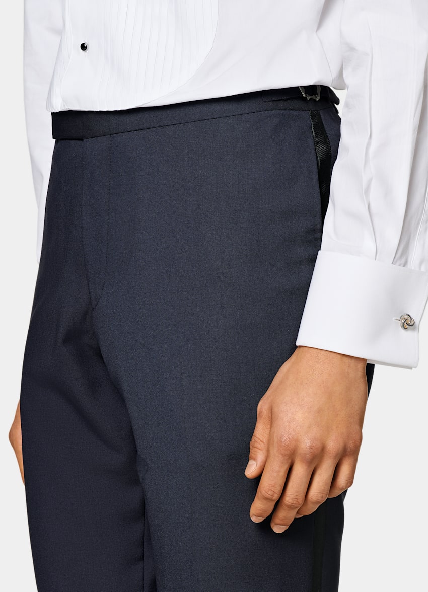 Navy Slim Leg Straight Tuxedo Pants