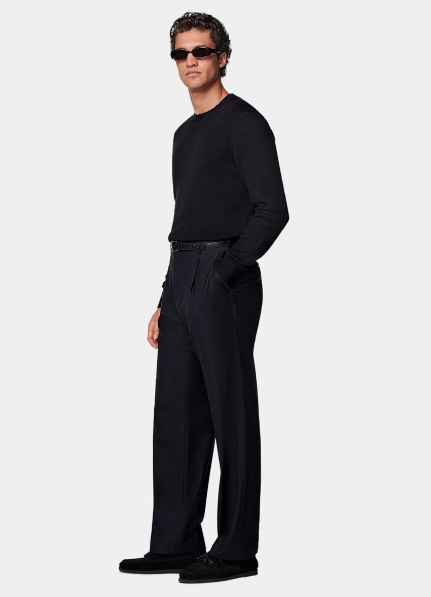 Navy Wide Leg Straight Trousers