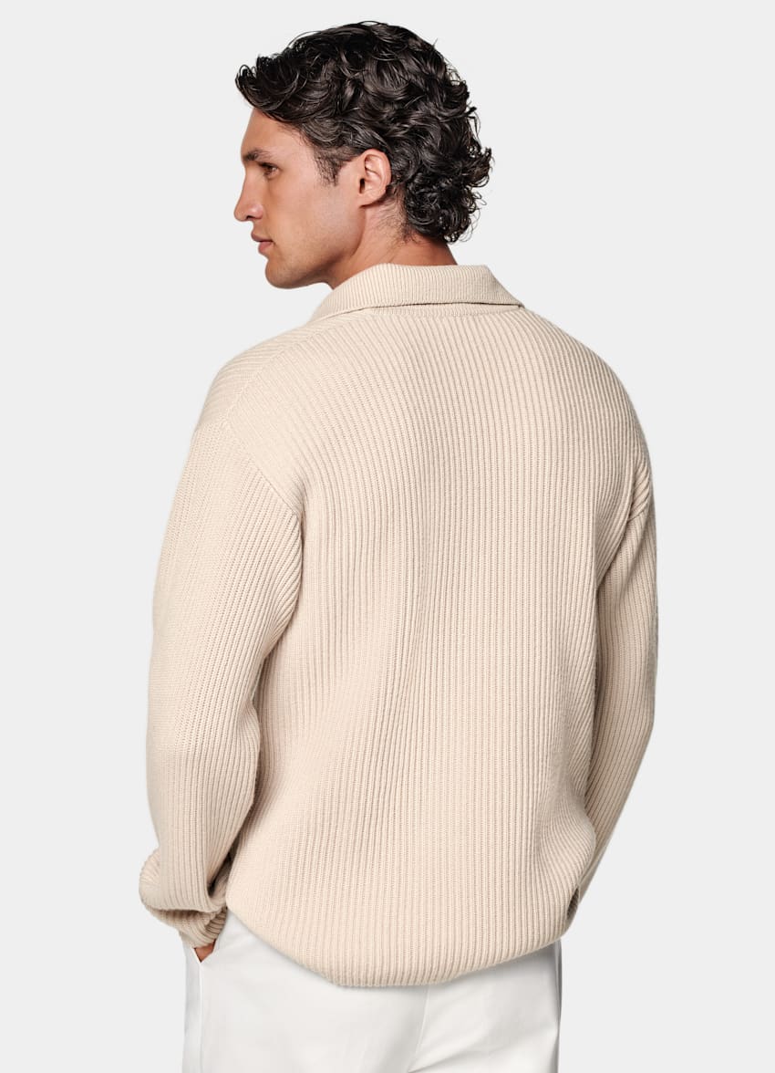 Sand Ribbed Long Sleeve Buttonless Polo