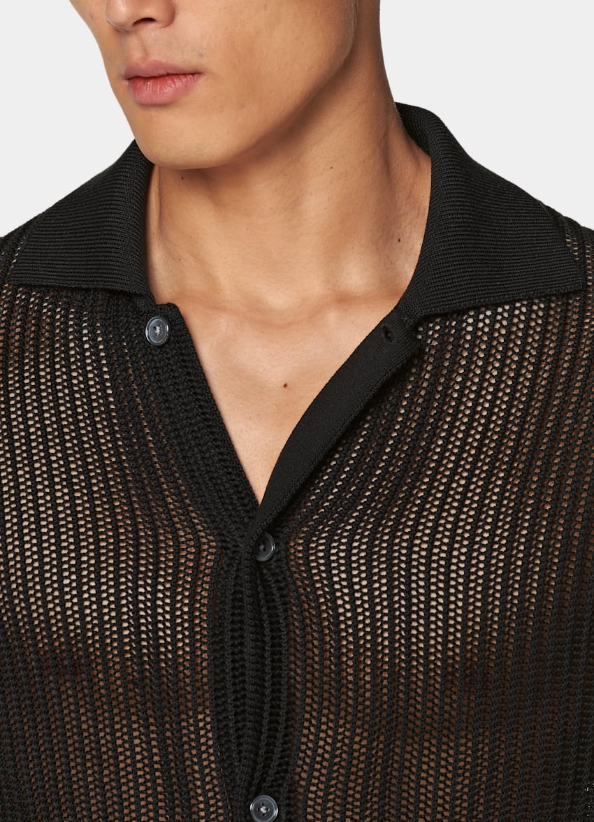 Black Crochet Polo Cardigan