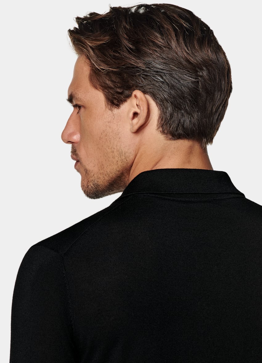 Black Merino Long Sleeve Polo