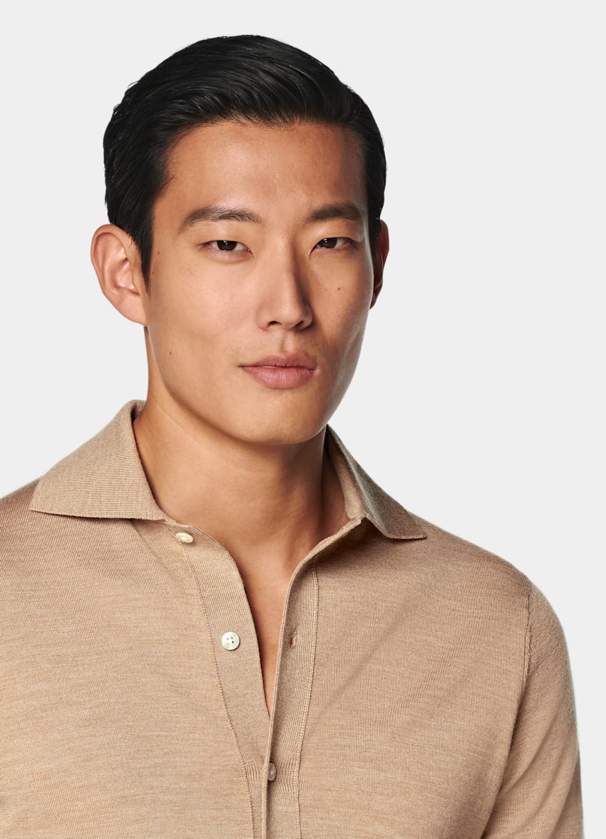 Mid Brown Merino Long Sleeve Polo Cardigan