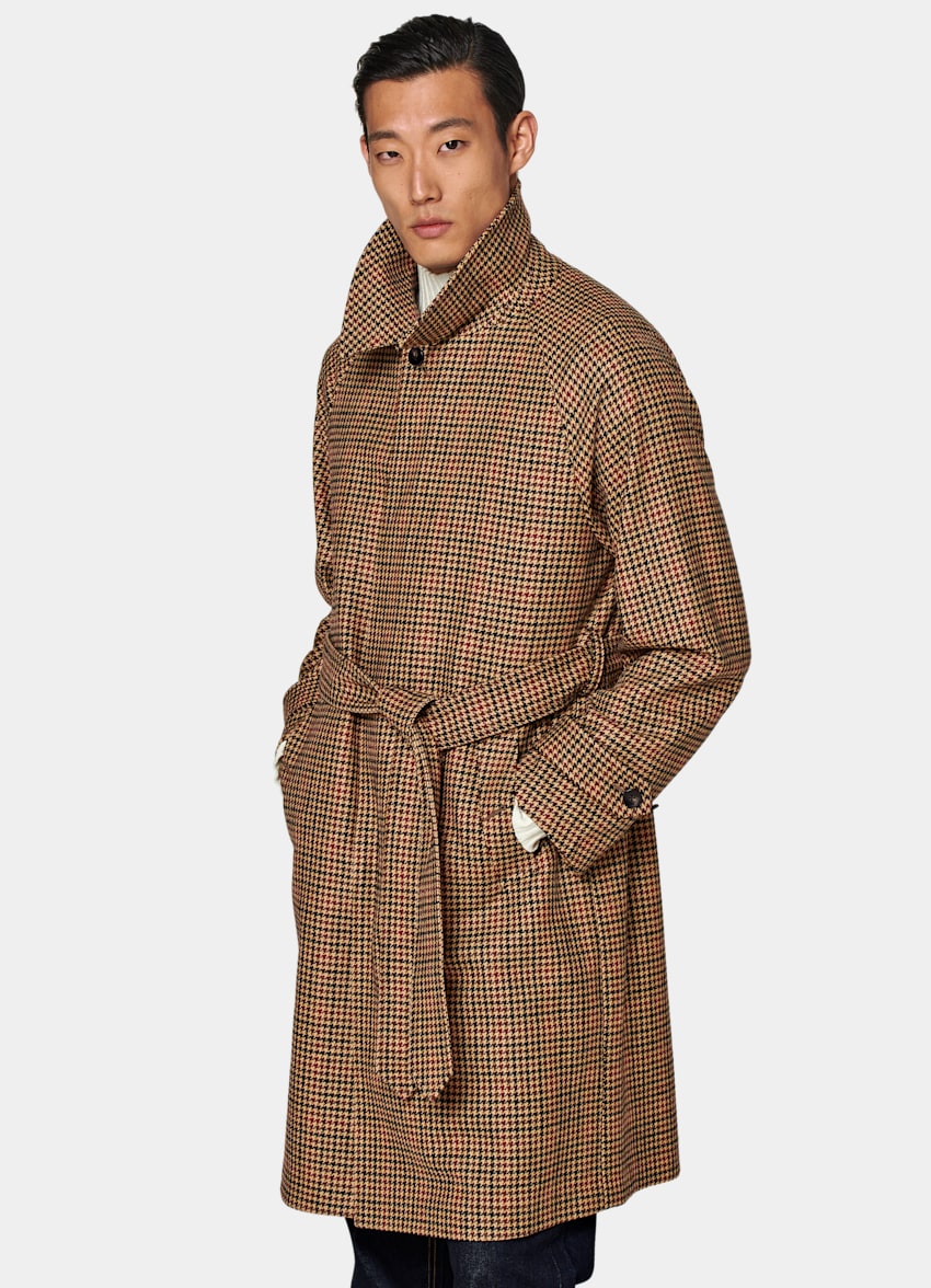 Brown & Red Checked Belted Overcoat