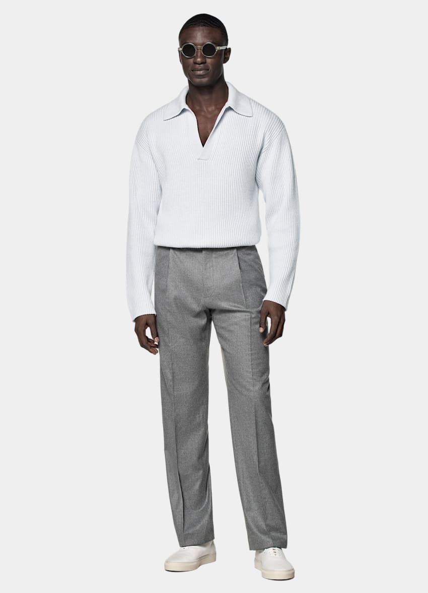 Light Blue Ribbed Long Sleeve Buttonless Polo