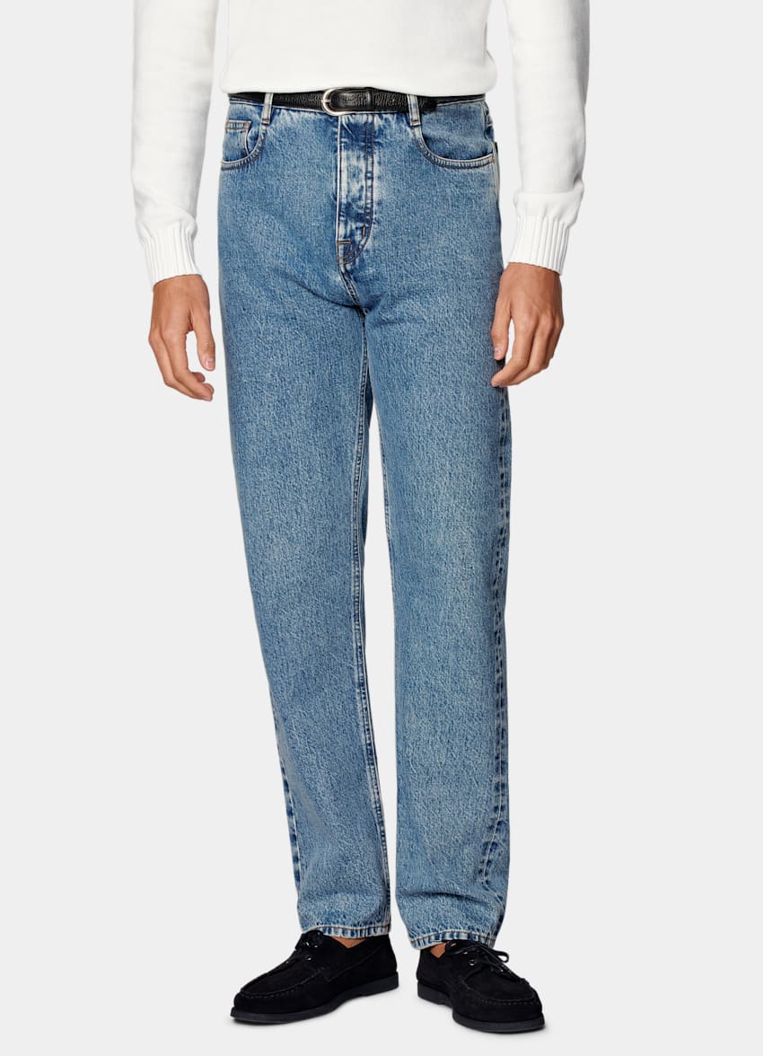 Mid Blue Washed Straight Leg Jeans