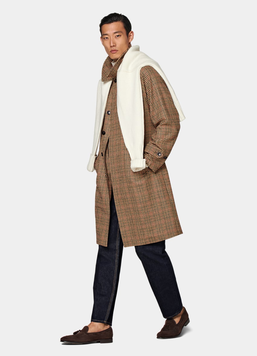 Brown & Red Checked Belted Overcoat