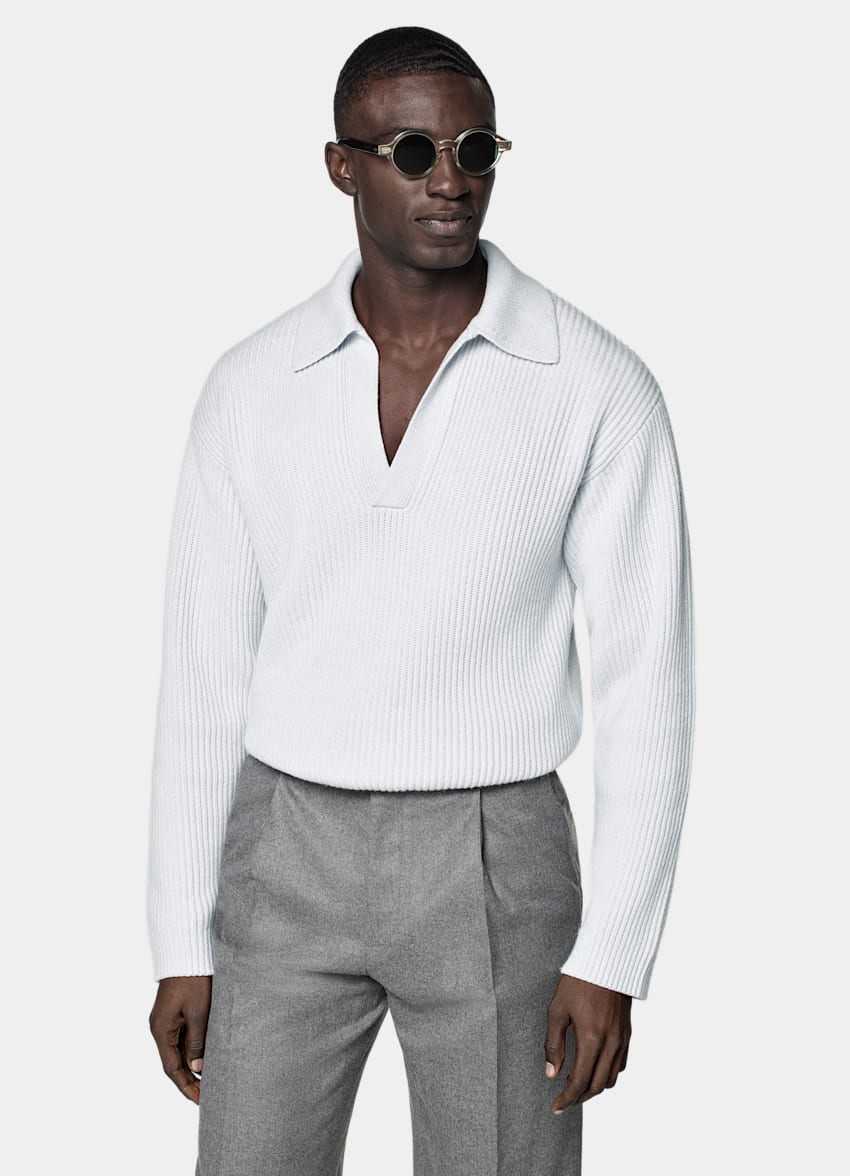 Light Blue Ribbed Long Sleeve Buttonless Polo