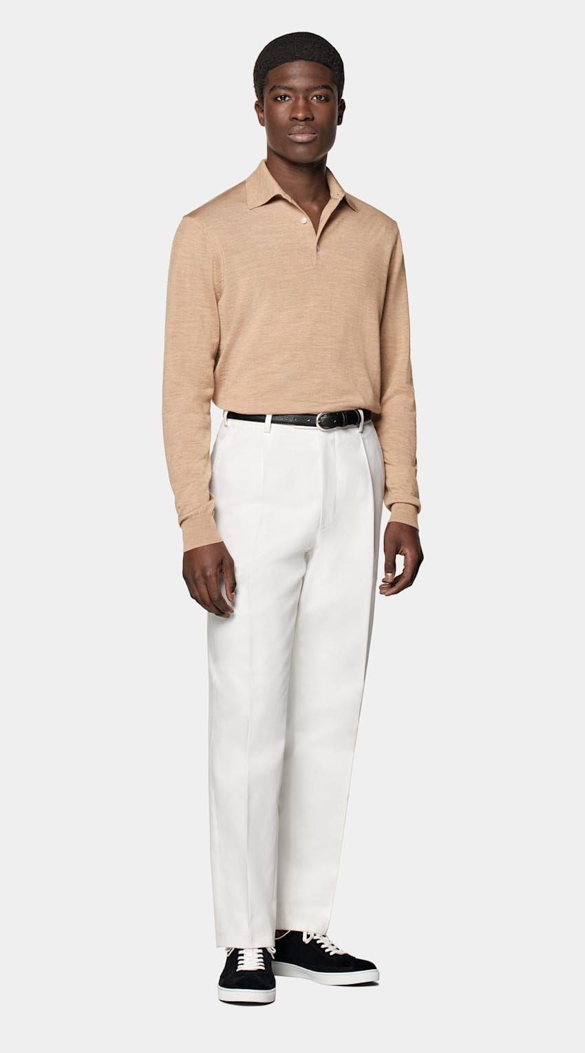 Mid Brown Merino Long Sleeve Polo