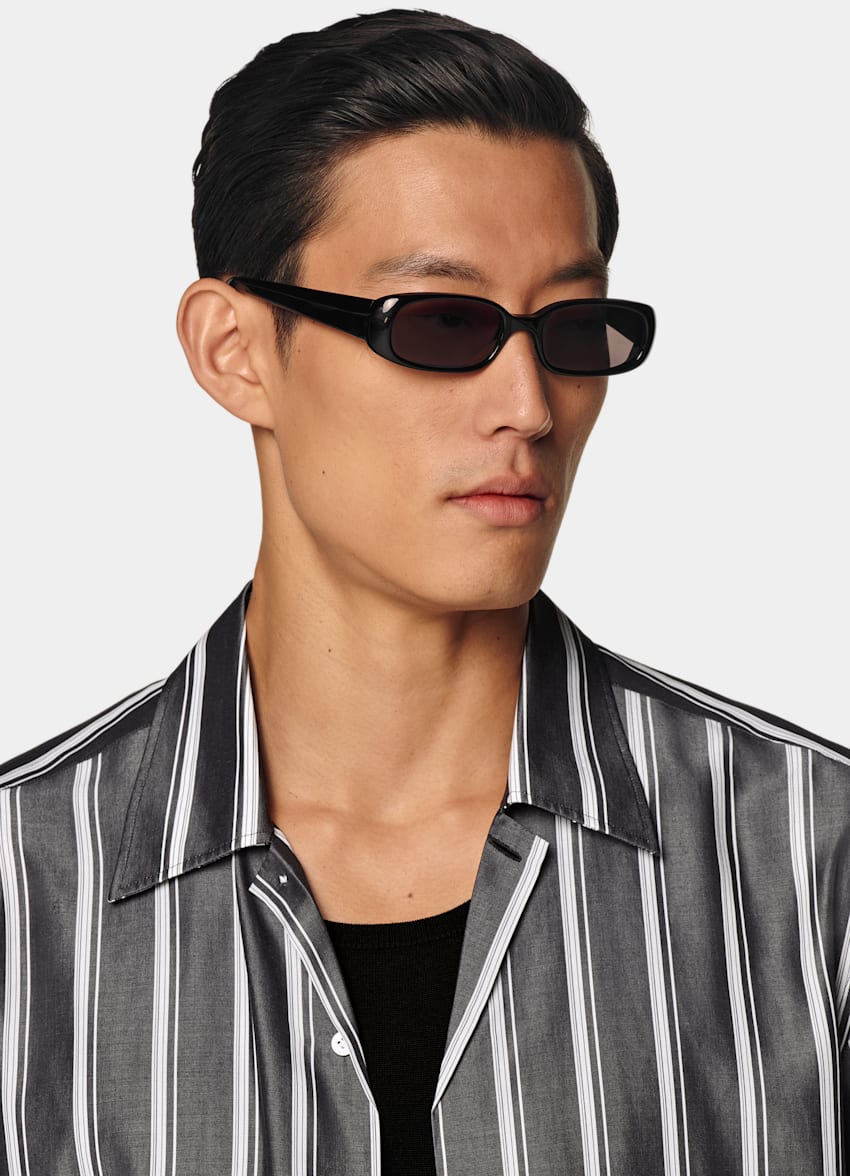 Black Striped Tailored Fit Short Sleeve Shirt