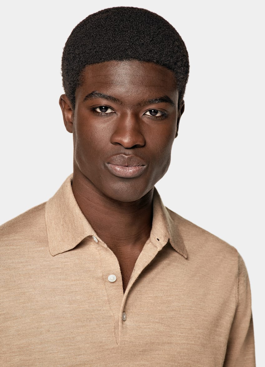 Mid Brown Merino Long Sleeve Polo