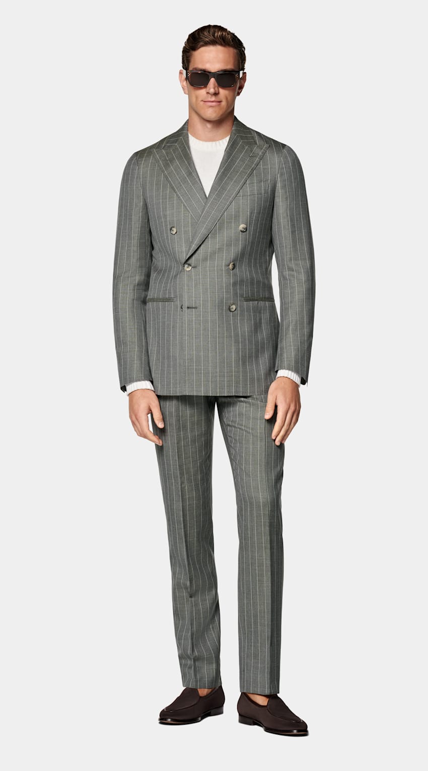 Light Green Striped Tailored Fit Havana Suit