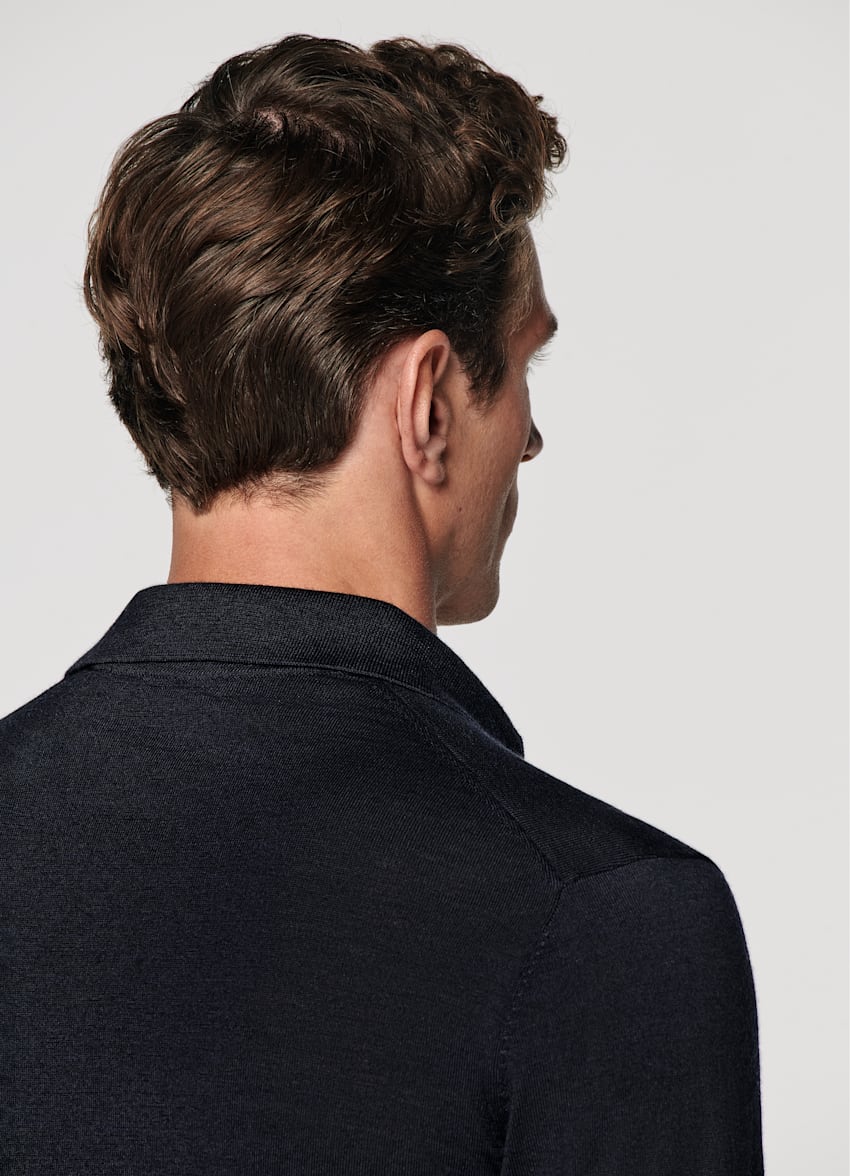Navy Merino Long Sleeve Polo