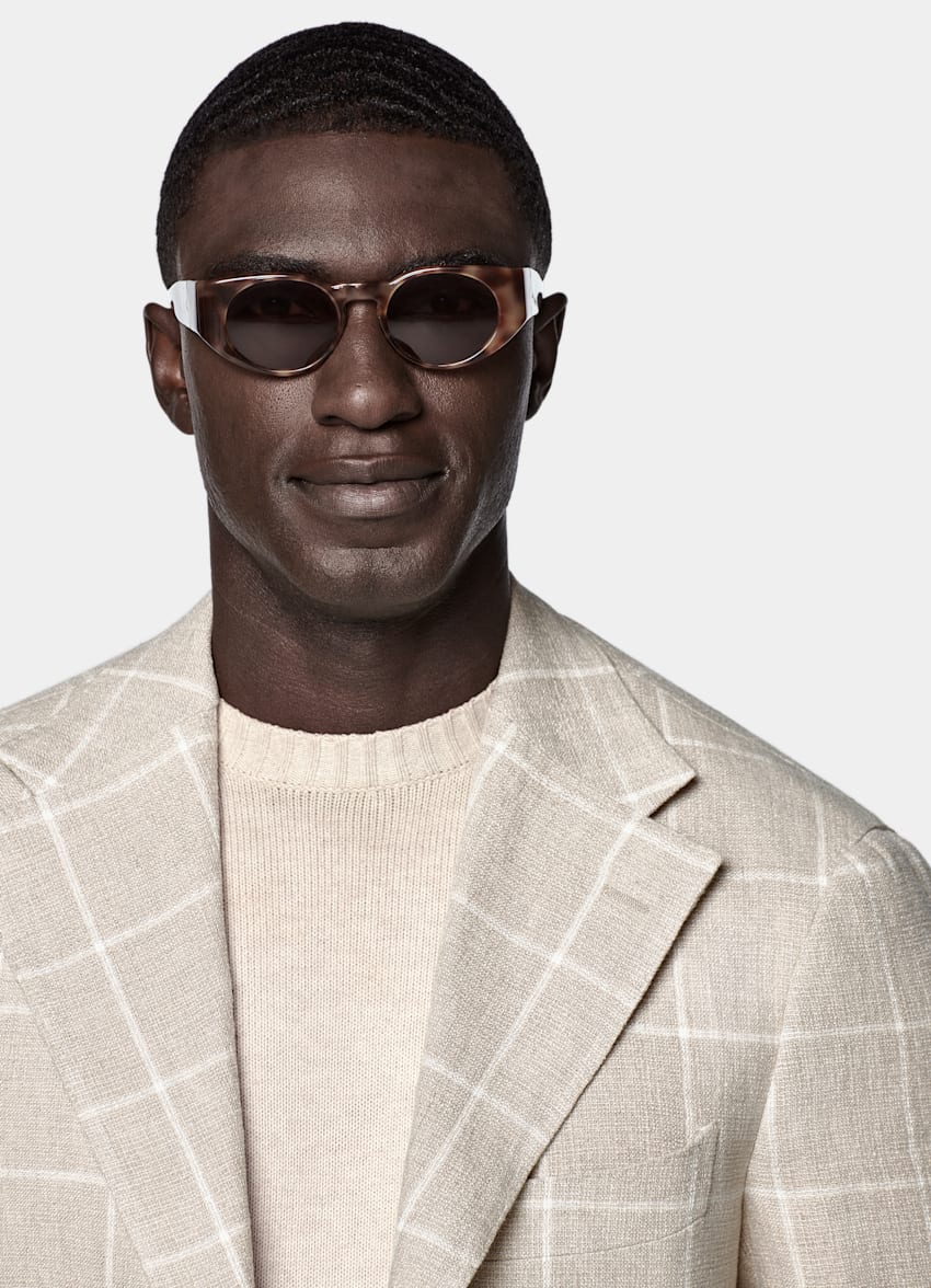 Light Taupe Checked Relaxed Fit Roma Blazer