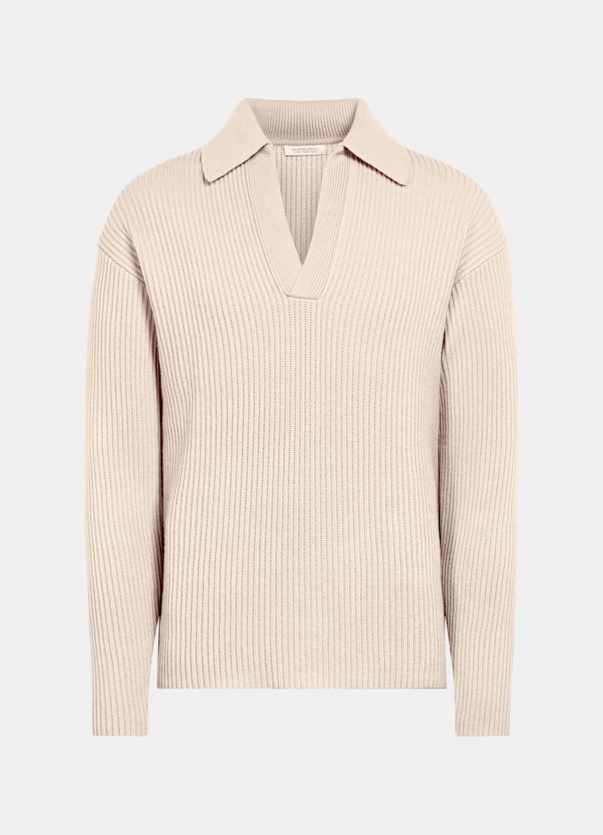 Sand Ribbed Long Sleeve Buttonless Polo