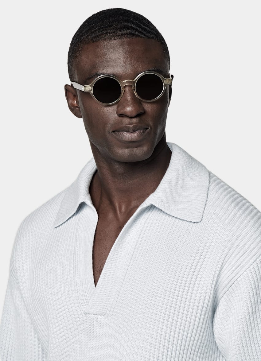 Light Blue Ribbed Long Sleeve Buttonless Polo