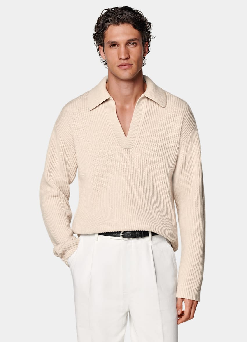 Sand Ribbed Long Sleeve Buttonless Polo