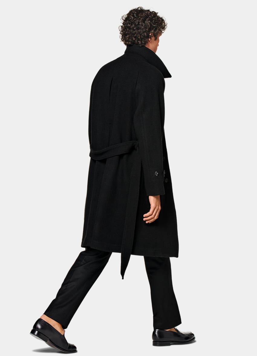 Black Herringbone Belted Overcoat