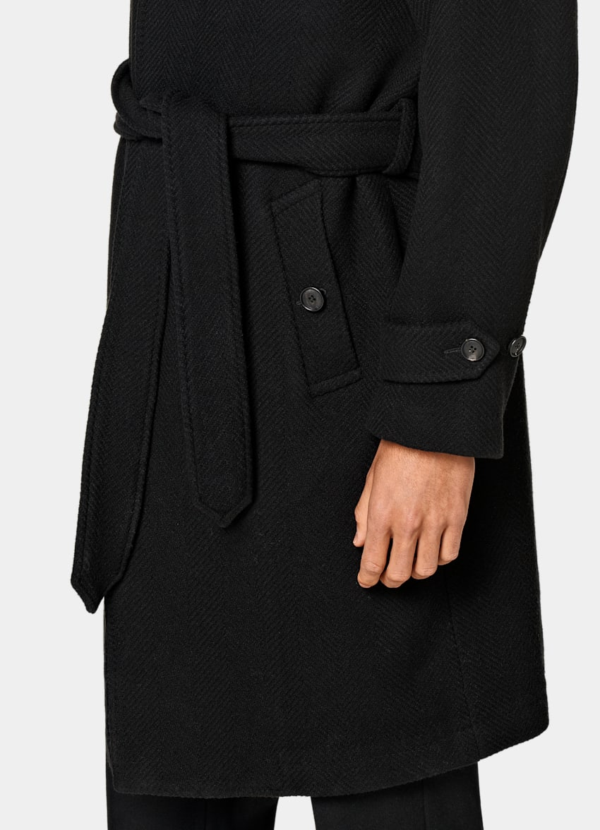 Black Herringbone Belted Overcoat