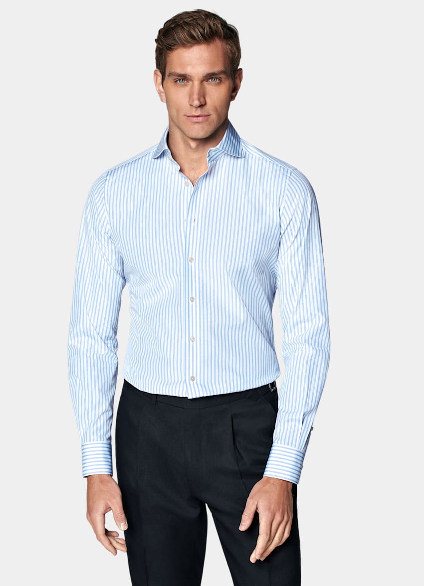 Blue Striped Poplin Slim Fit Shirt