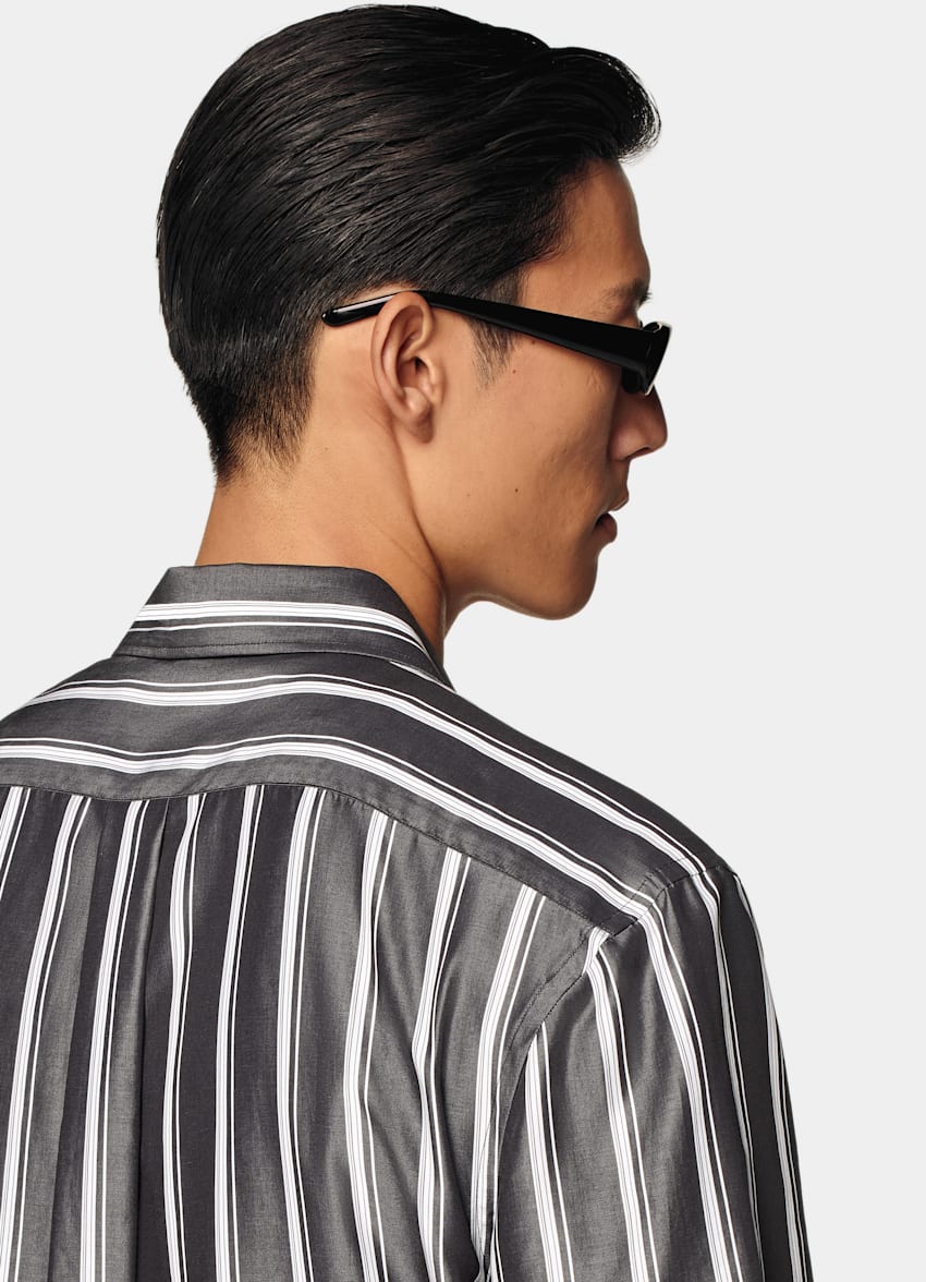 Black Striped Tailored Fit Short Sleeve Shirt
