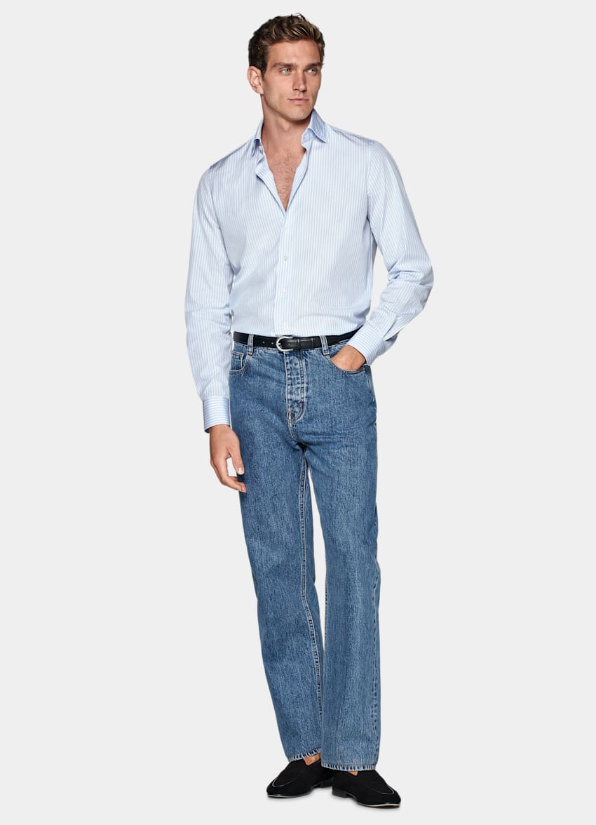 Light Blue Striped Poplin Slim Fit Shirt