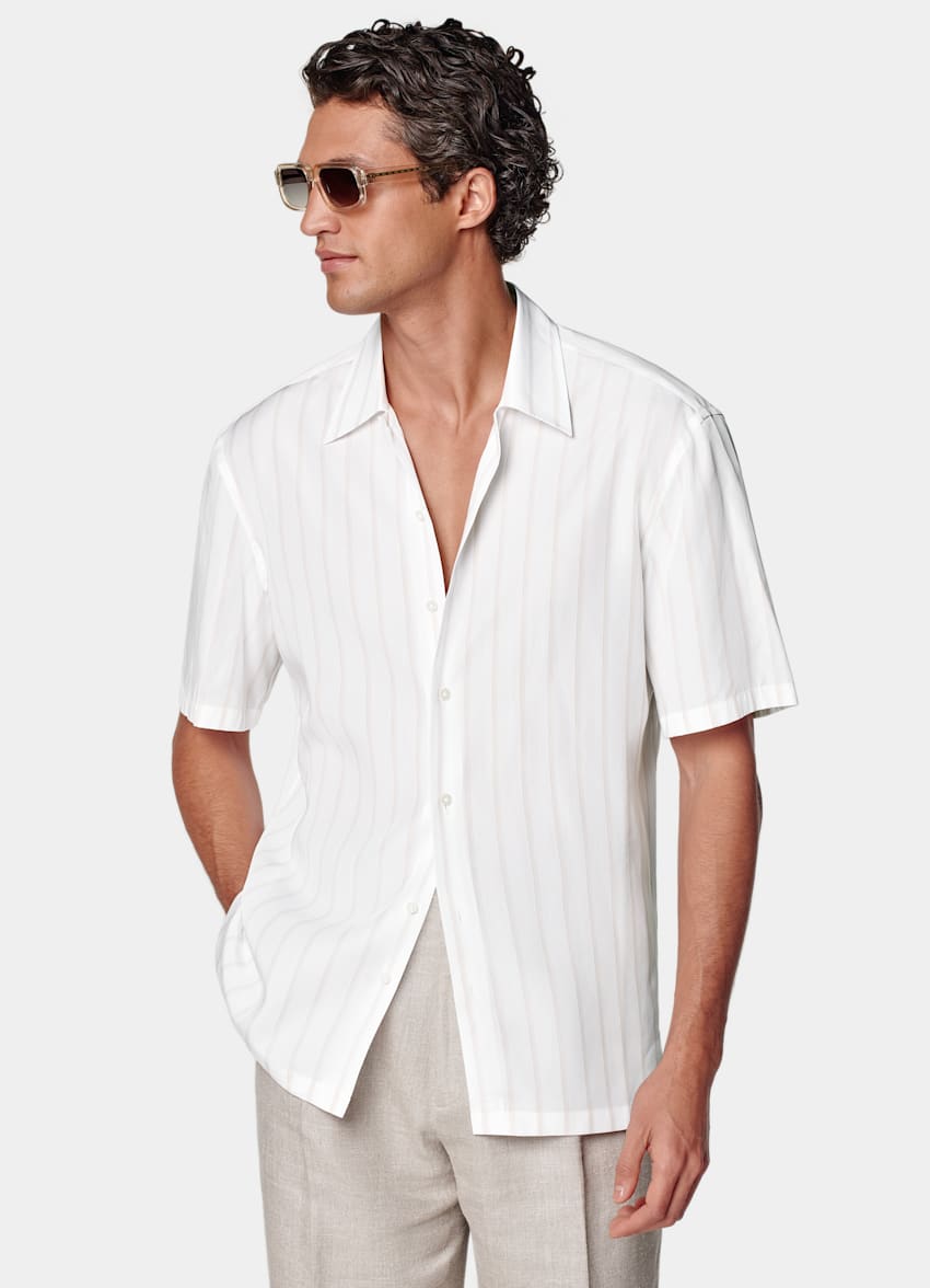 White Striped Tailored Fit Short Sleeve Shirt