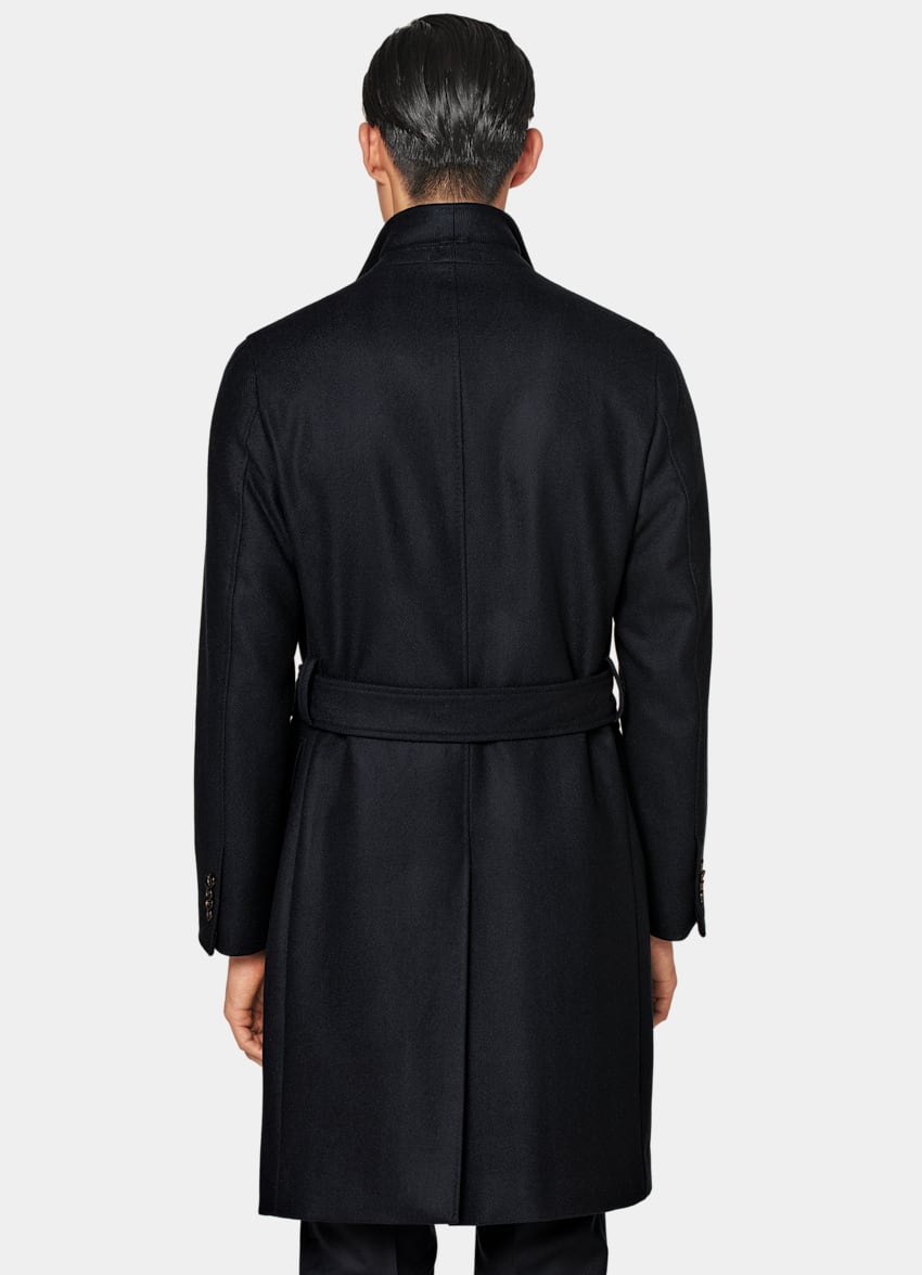 Navy Herringbone Belted Overcoat