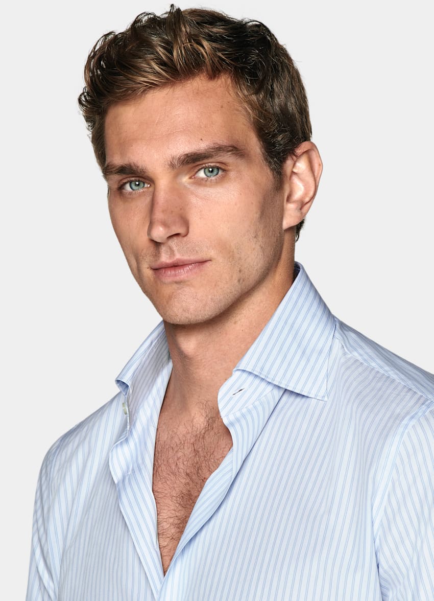 Light Blue Striped Poplin Slim Fit Shirt