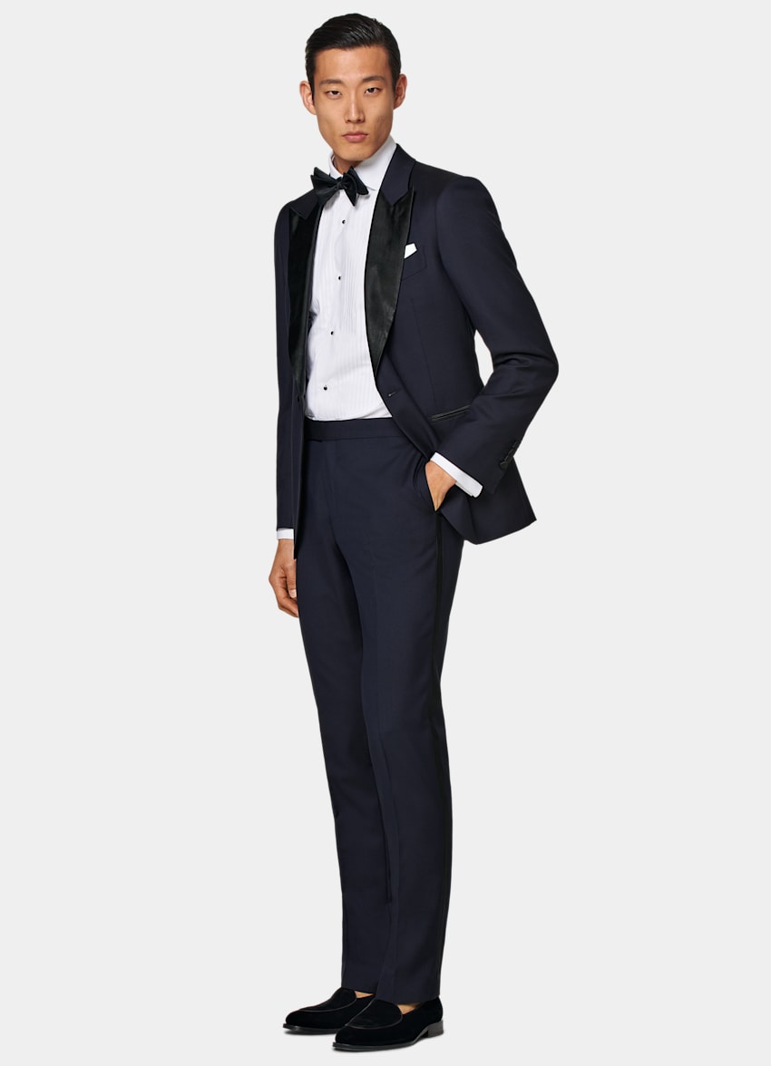 Navy Slim Leg Straight Tuxedo Pants