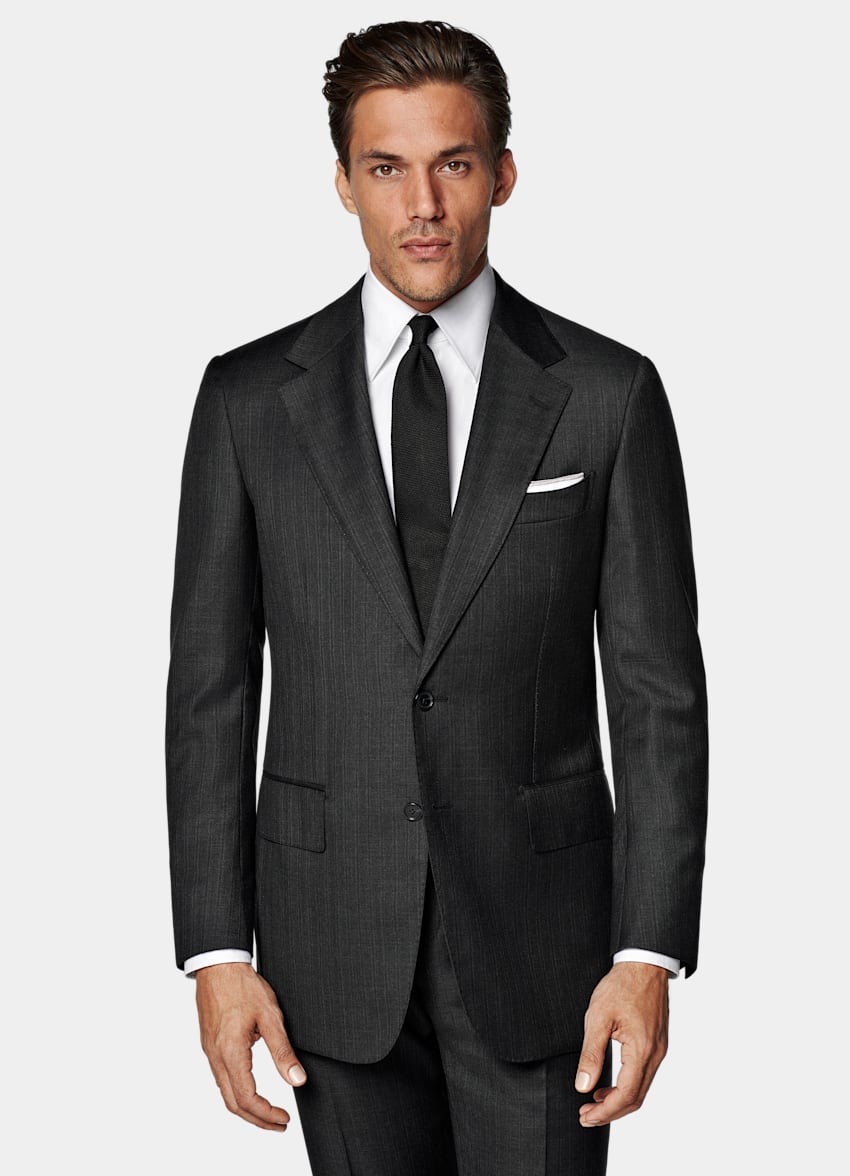 Dark Grey Striped Tailored Fit Milano Suit