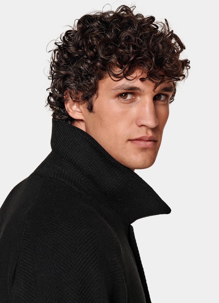 Black Herringbone Belted Overcoat