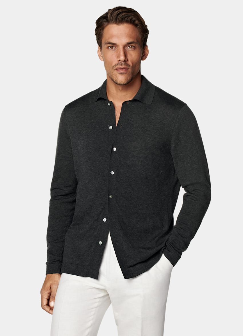 Dark Grey Long Sleeve Polo Cardigan