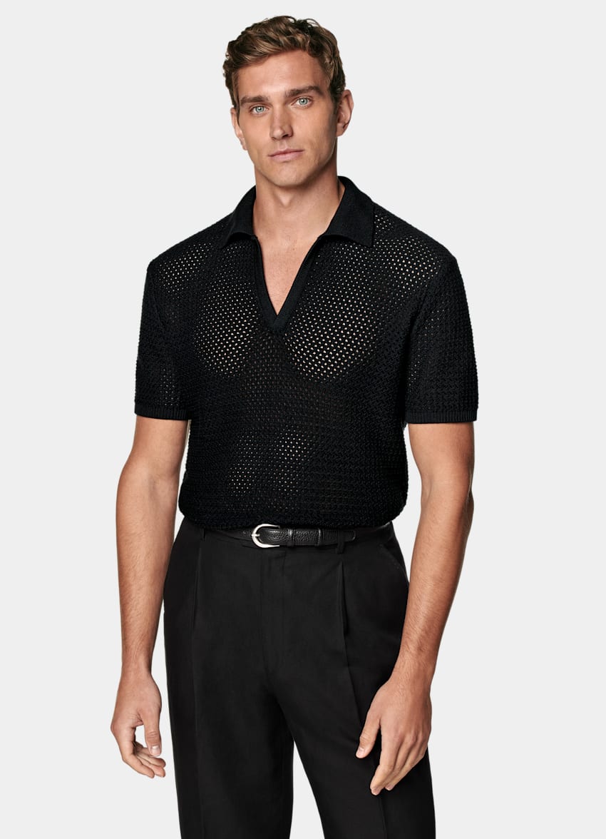 Black Crochet Buttonless Polo